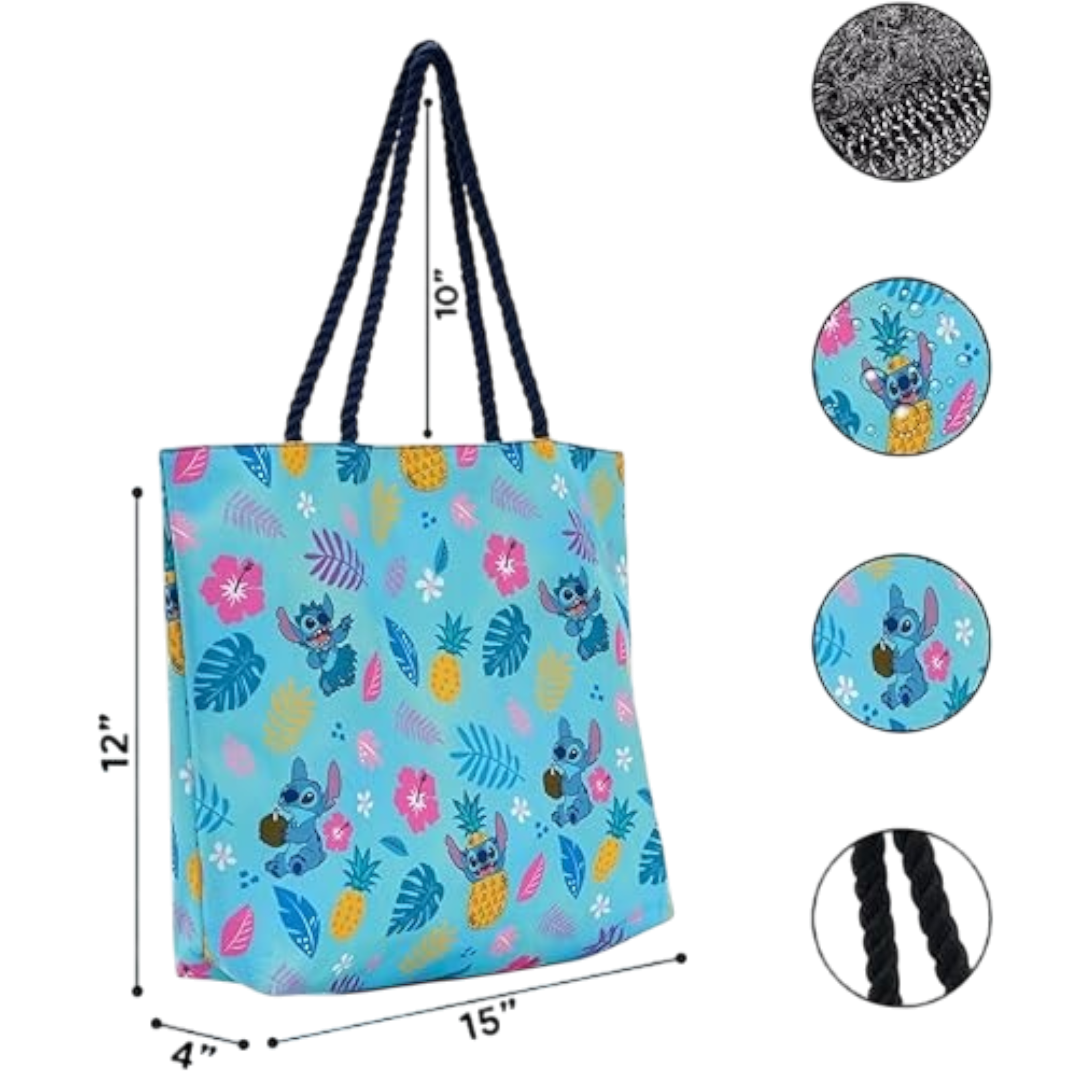 Disney Lilo & Stitch Tote Bag, Stitch Blue Hawaiian Print, Large Water-Resistant Canvas Purse AE Toy Box